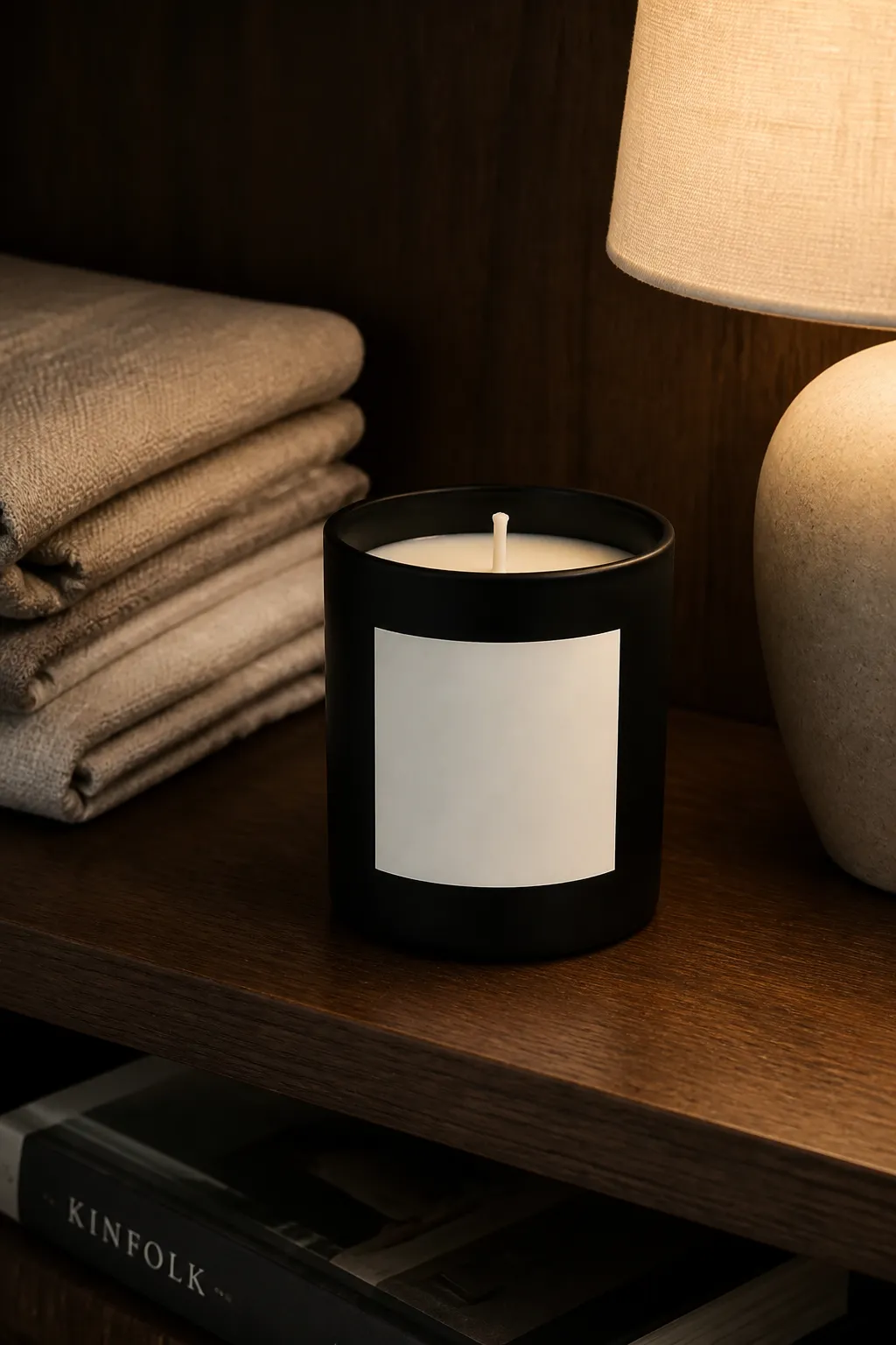 The same candle jar on a dark walnut shelf beside folded linen and a lamp