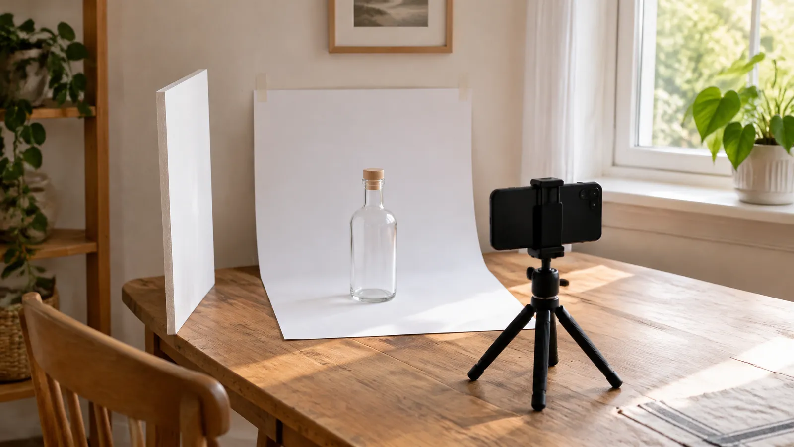 Home product photo setup by a window with a paper sweep, a phone on a tripod and a white reflector board