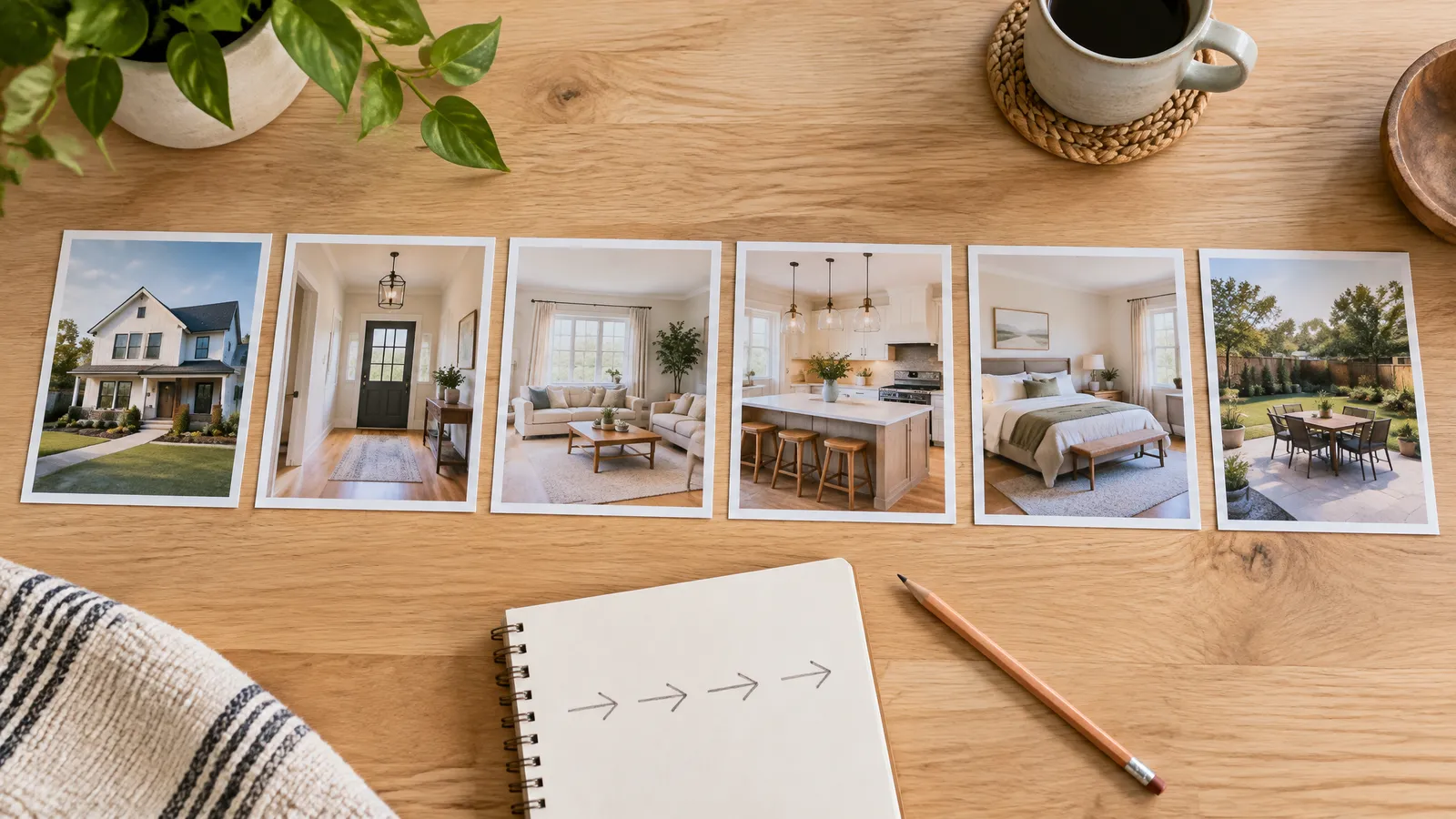 Printed photos of a home laid out in tour order on a table: exterior, entry, living room, kitchen, bedroom and backyard