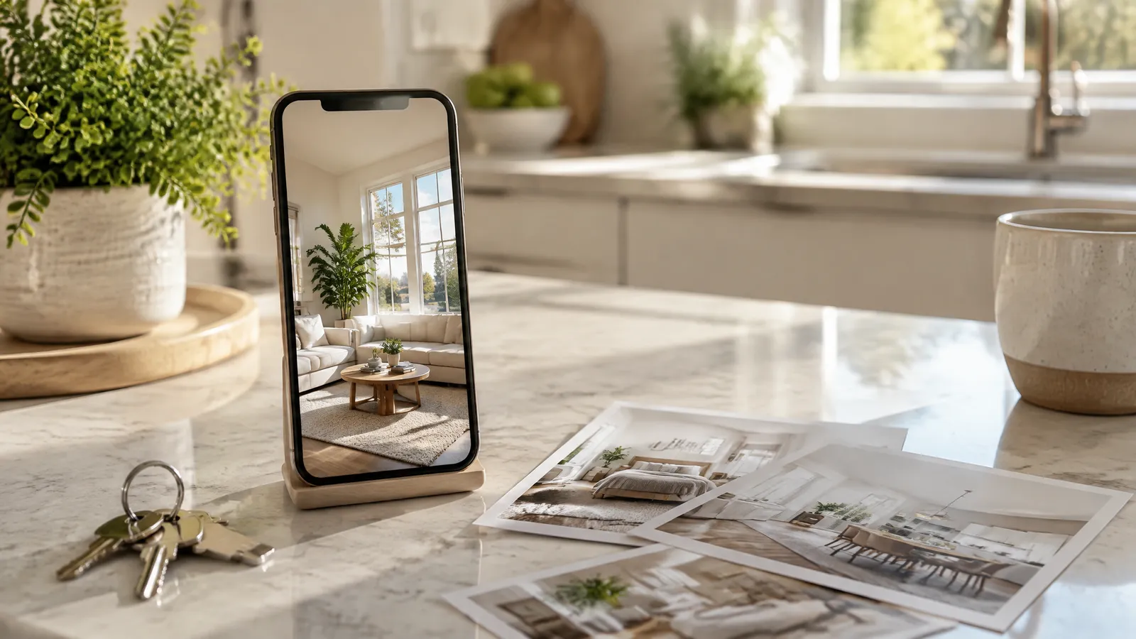 A smartphone standing on a kitchen counter playing a vertical video of a sunlit living room, with printed listing photos beside it