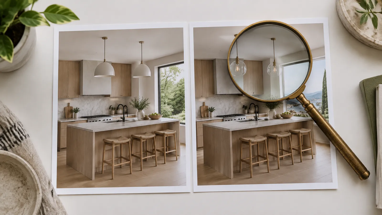 Two printed photos of the same kitchen side by side, one subtly different, with a magnifying glass resting on them