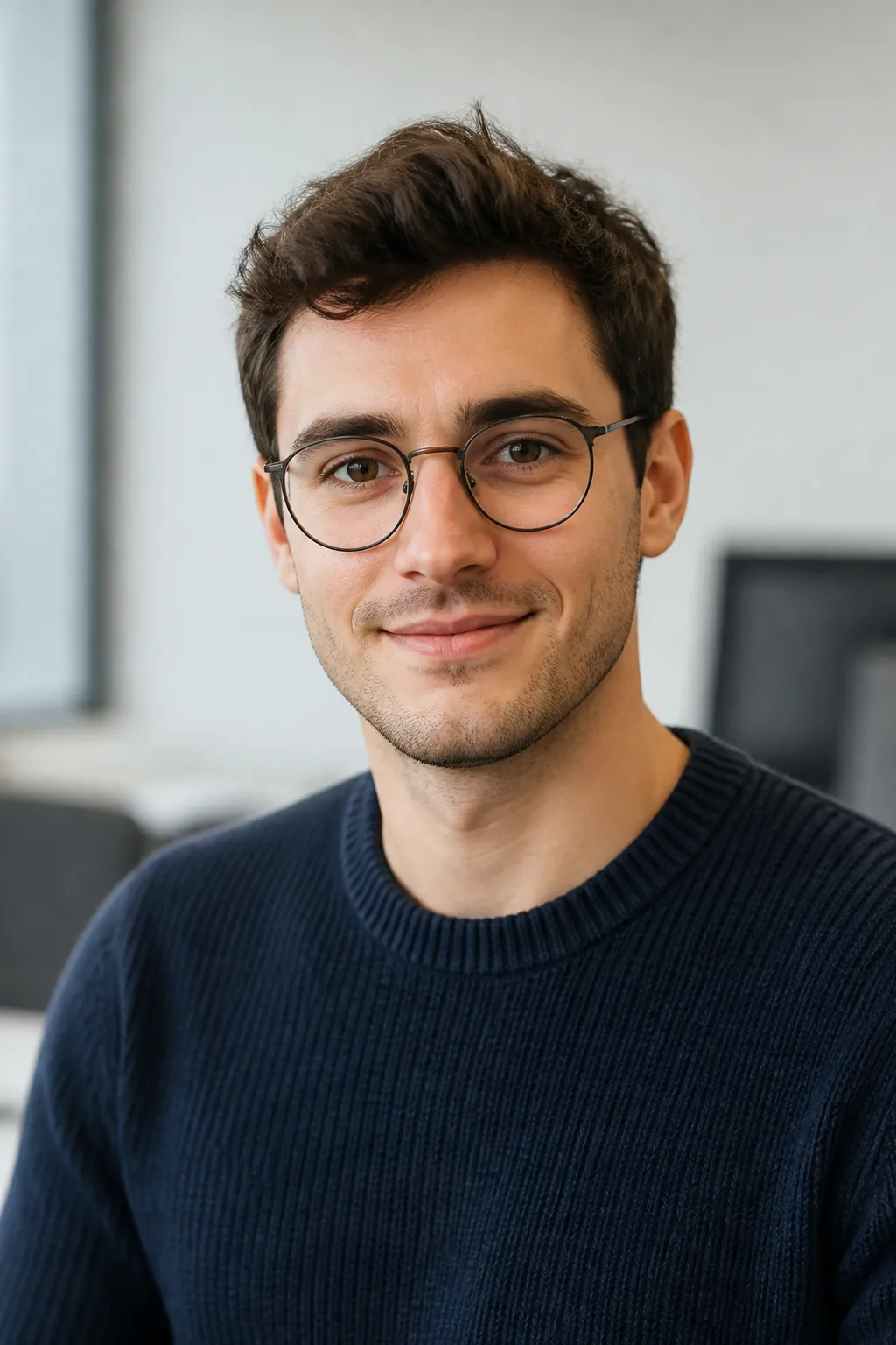 AI-generated portrait of a young man with round glasses and a navy knit sweater