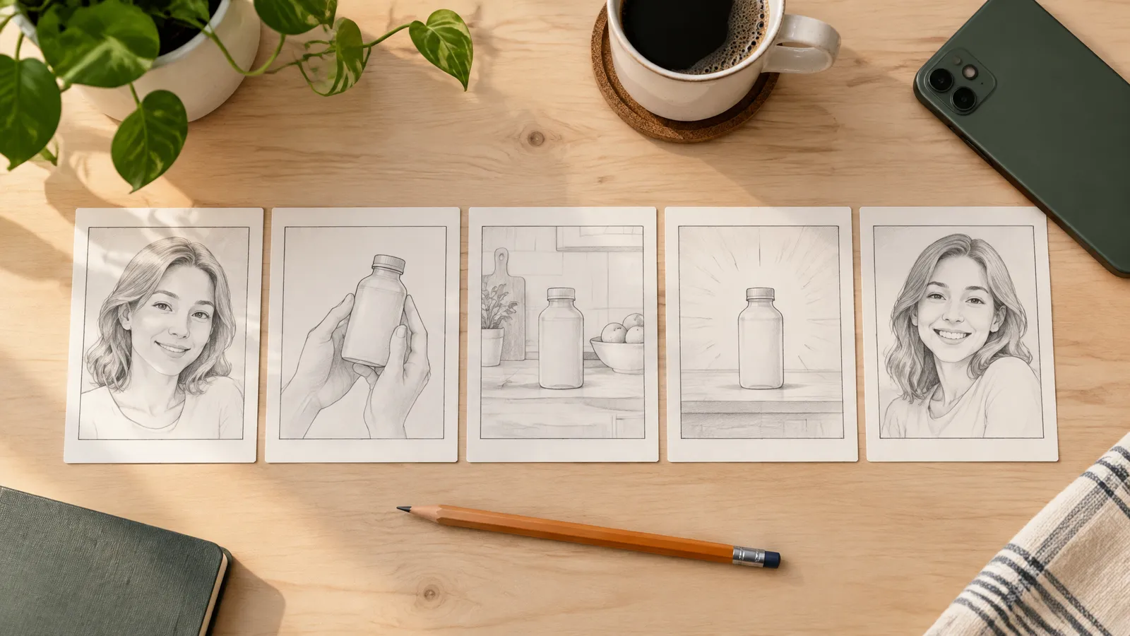 Five storyboard cards on a desk, each sketching one shot of a short product ad