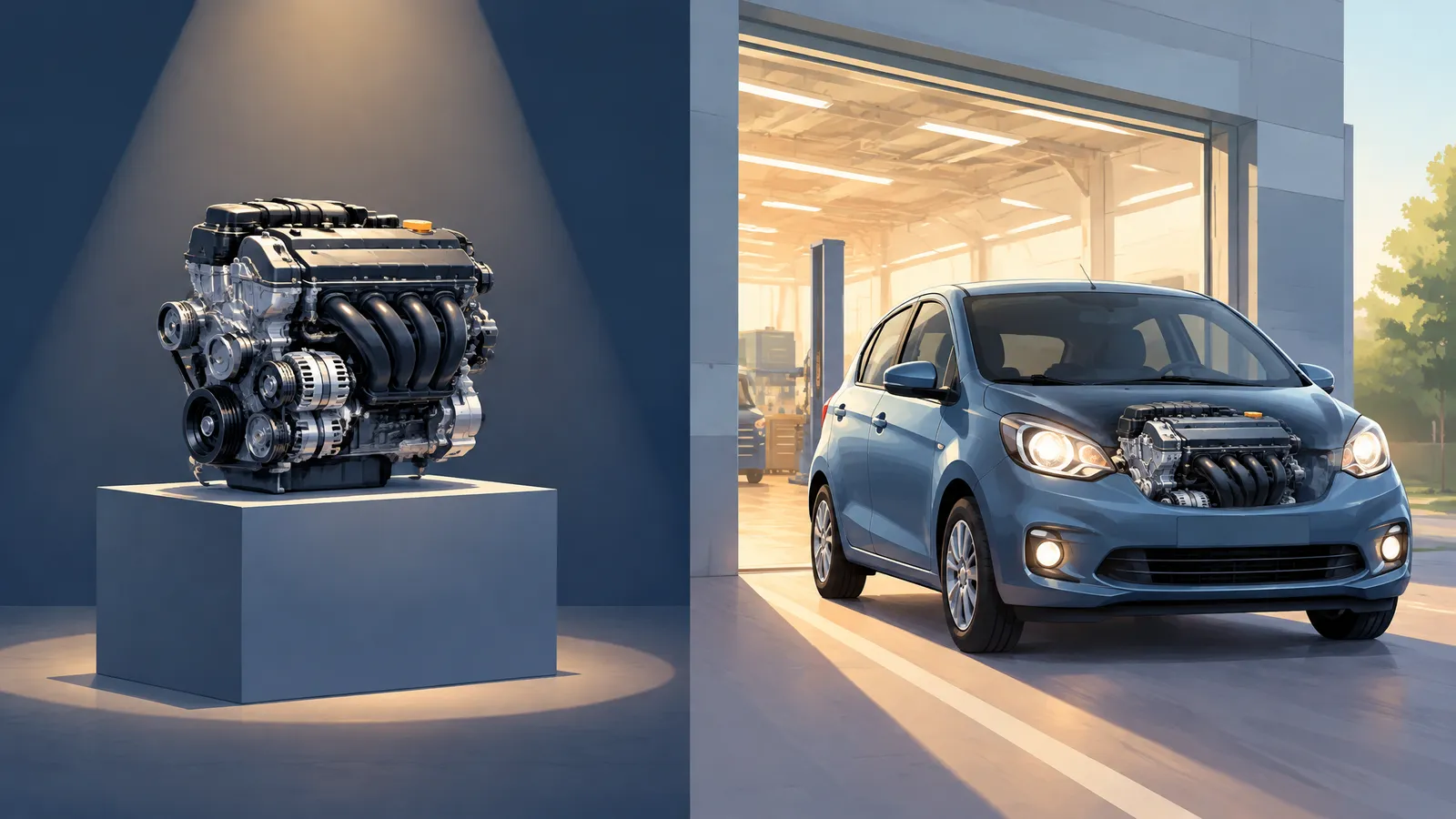 A single engine on a stand next to a finished car rolling out of a workshop, showing the difference between an AI video model and a video app