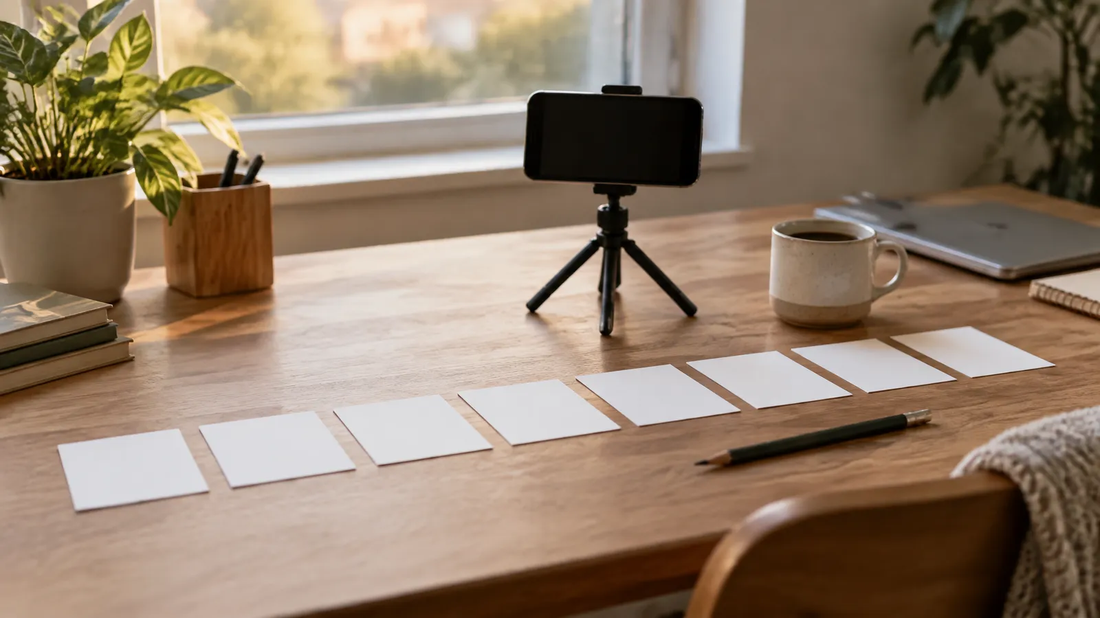 A creator's desk with a phone on a small tripod and index cards laid out in a row like a storyboard