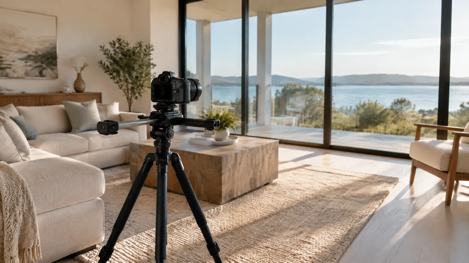 A bright empty living room with a camera on a slider pointed toward large windows