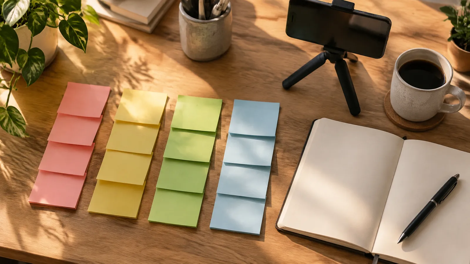 Blank sticky notes sorted into columns on a creator's desk beside a phone on a small tripod
