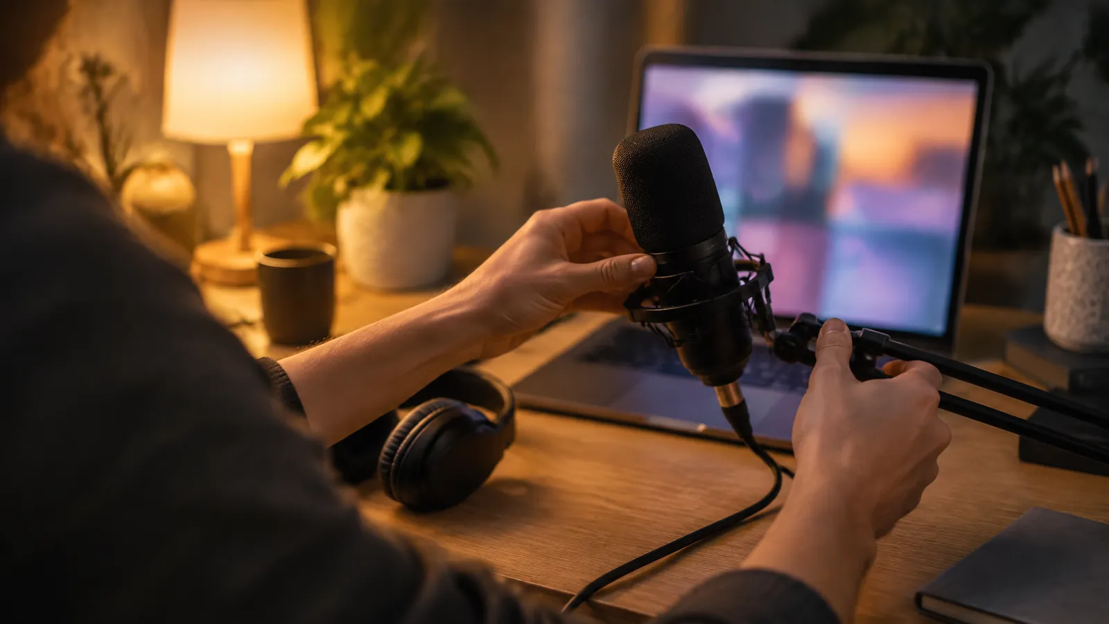 Hands recording a voiceover into a desk microphone next to a laptop, with no face in view