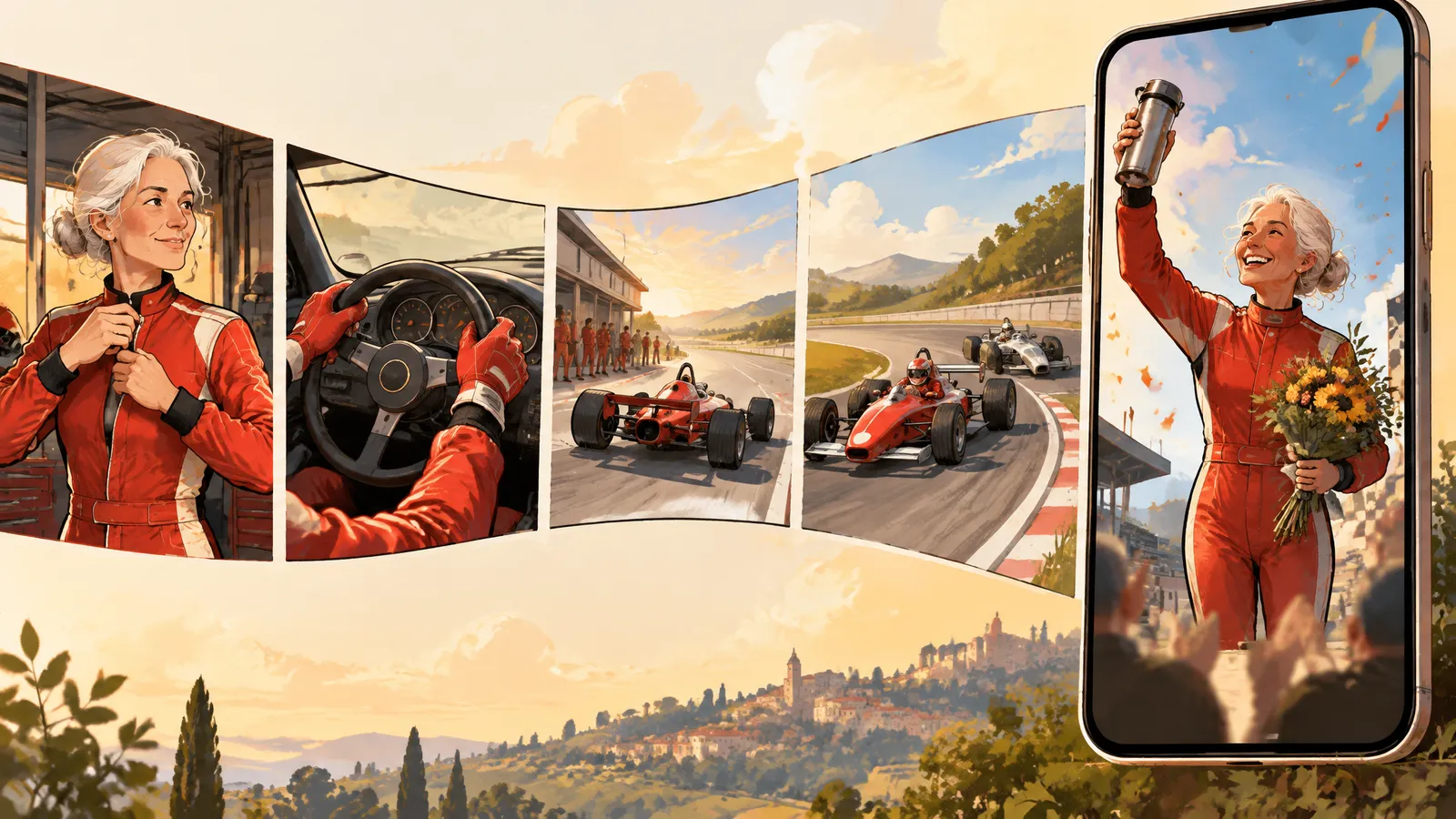 Storyboard frames of an elderly woman in a red racing suit flowing into a vertical phone screen