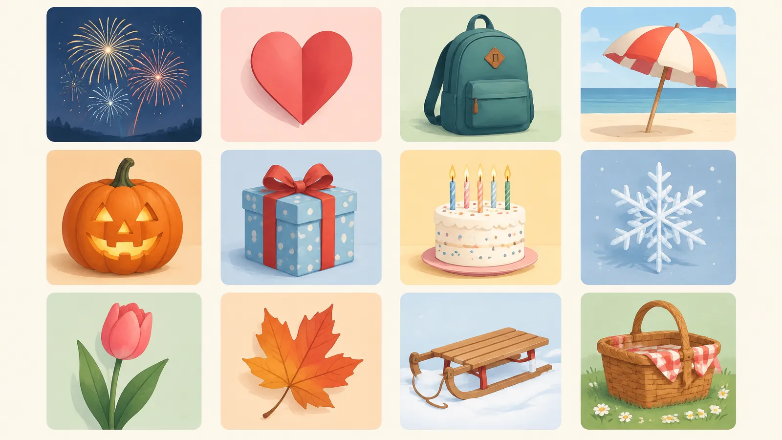 A grid of square tiles holding seasonal objects like a pumpkin, a gift box, a school backpack and fireworks