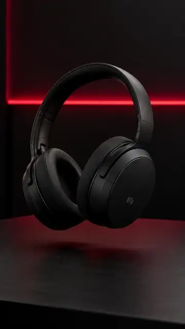 Black headphones turn in the air as a red light pulses, then shopping bags appear