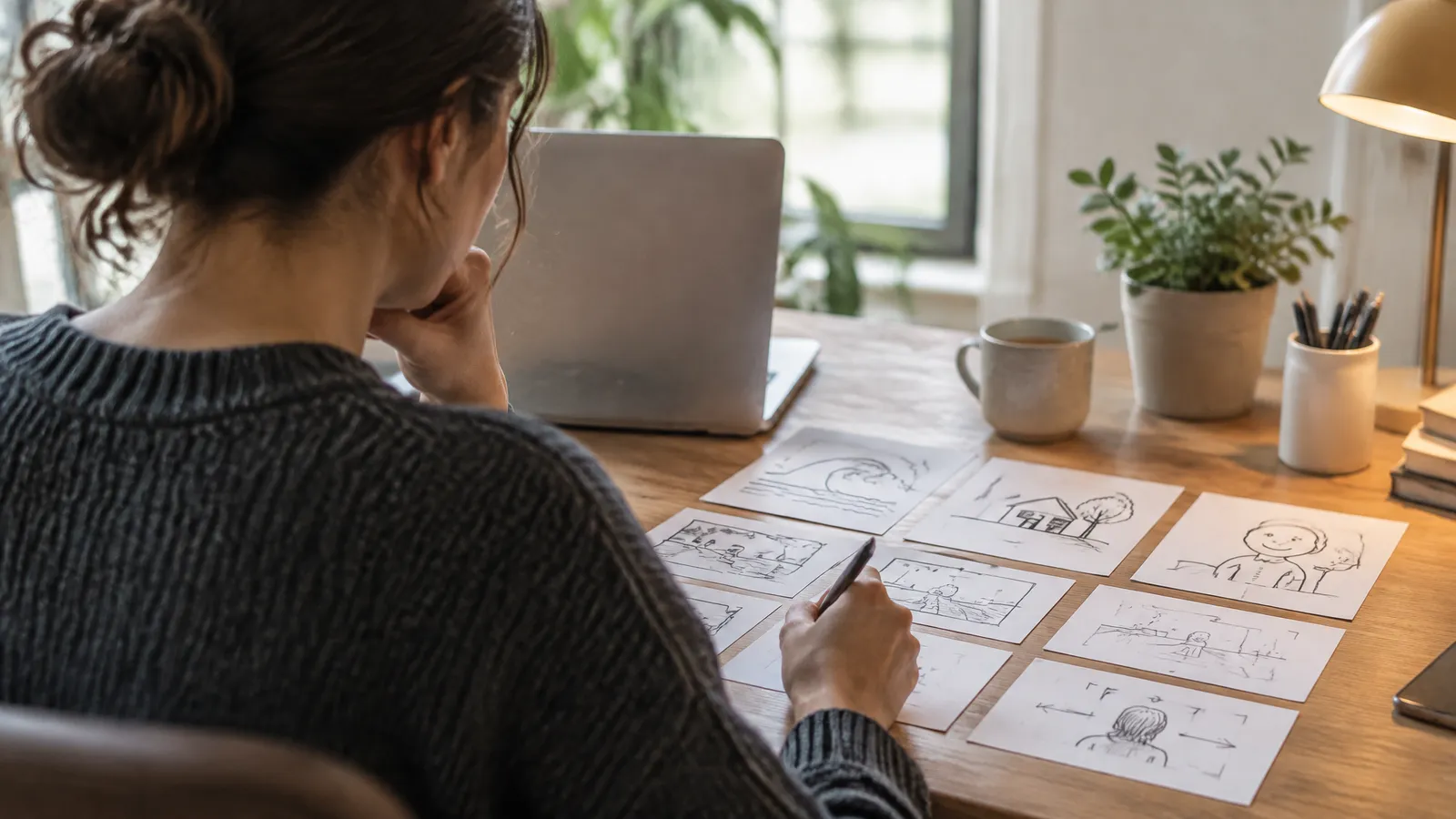 A creator at a desk planning a short video with a laptop and hand-drawn storyboard cards