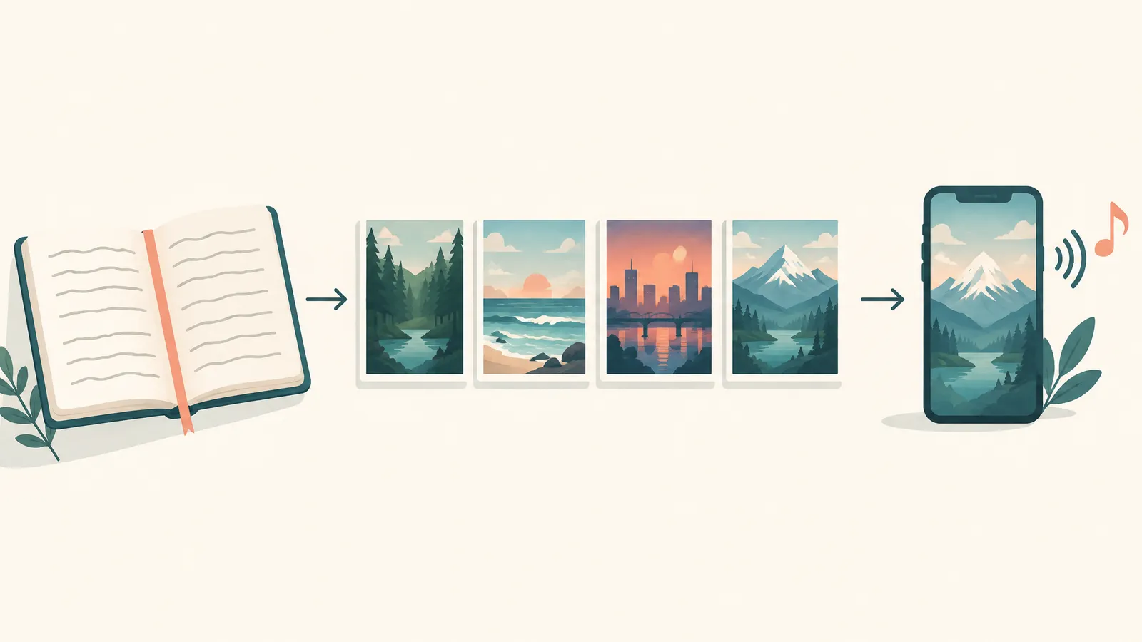 Three-step workflow: a notebook script, a row of generated scenes, and a finished vertical video on a phone