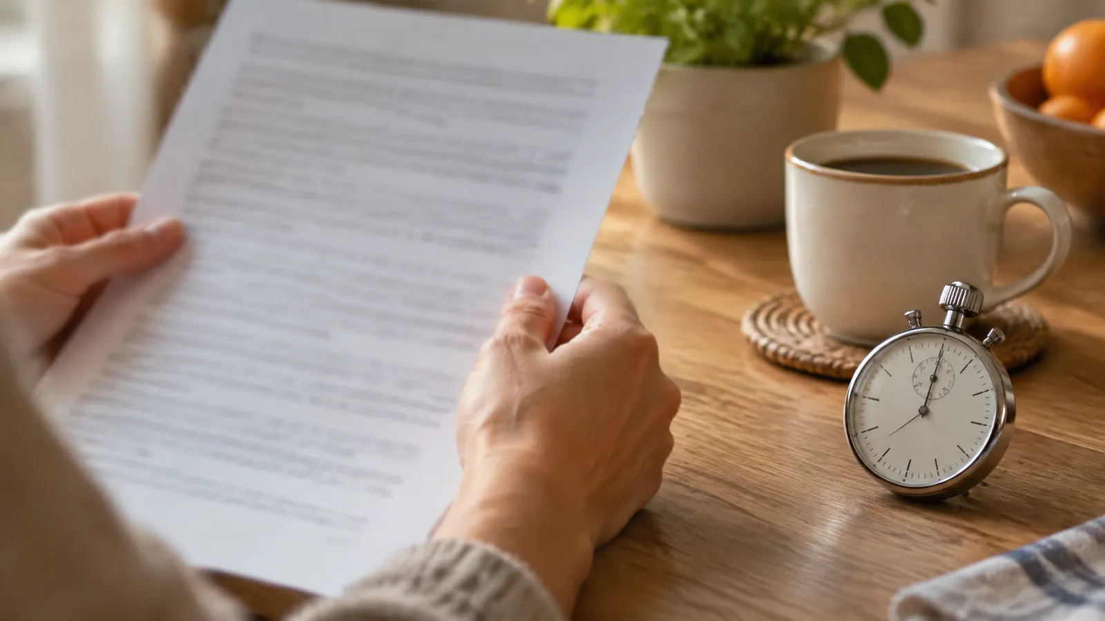 A person reading a script aloud with a stopwatch on the table