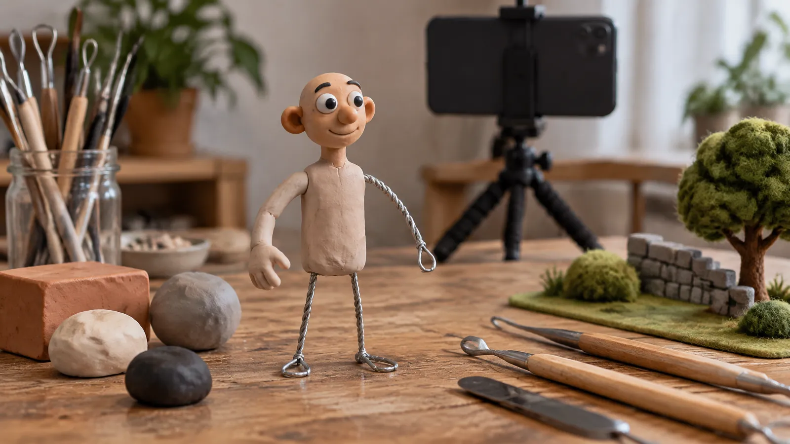 A half-sculpted clay figure on a twisted wire armature, with one arm still bare wire, on a workbench