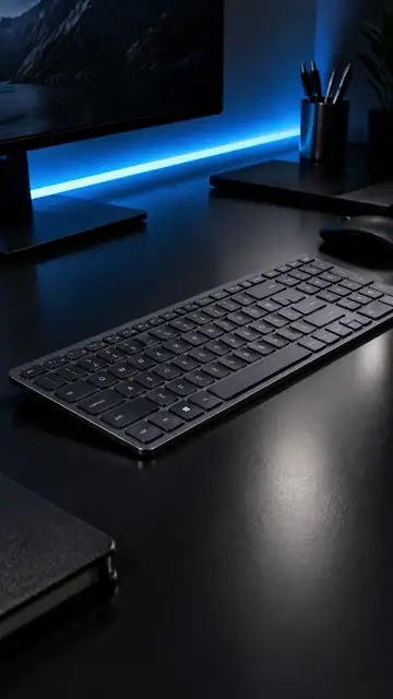 A dark keyboard on a black desk as blue light runs along its edges and the keys light up