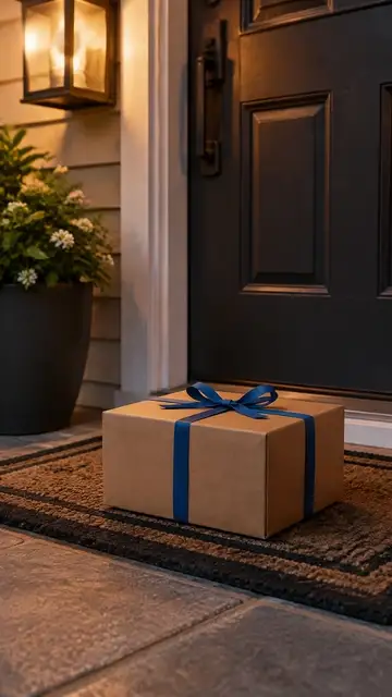 A kraft delivery box on a doormat at dusk; the blue ribbon slips off and the lid opens