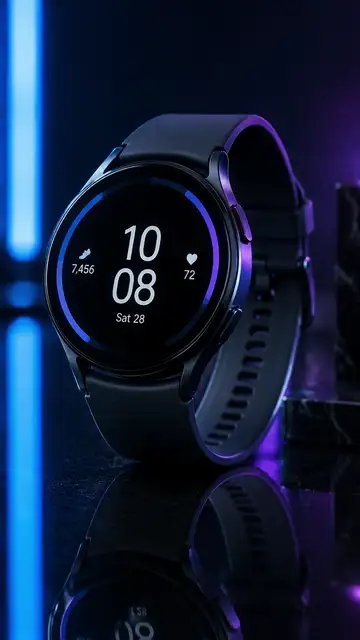 A black smartwatch on dark glass as blue and violet light sweeps across the surface