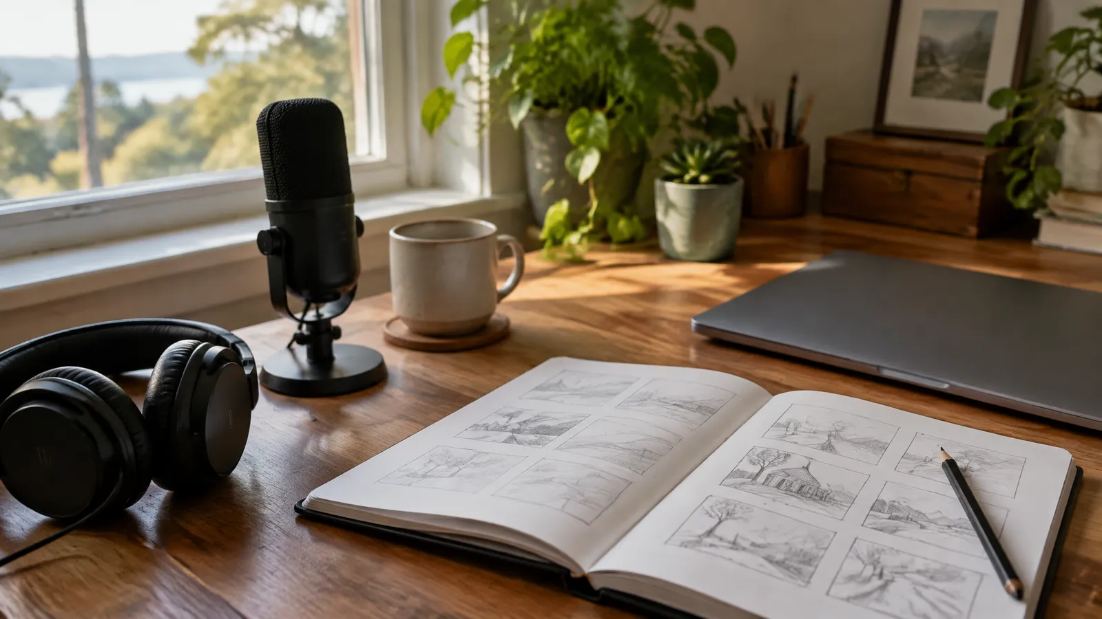 A tidy home recording desk with a microphone, headphones and a notebook of handwritten scene sketches, with no person in the frame
