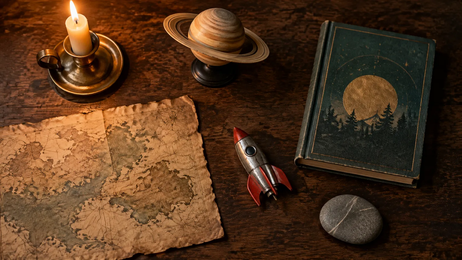 A flat-lay of objects that stand for faceless channel niches: an old map, a candle, a small planet model, a storybook and a toy rocket