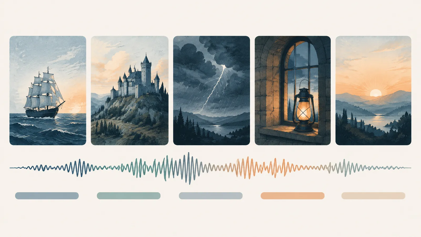 Storyboard cards laid in a row on a table, each showing a simple sketched scene, with a sound wave and caption bars drawn beneath them