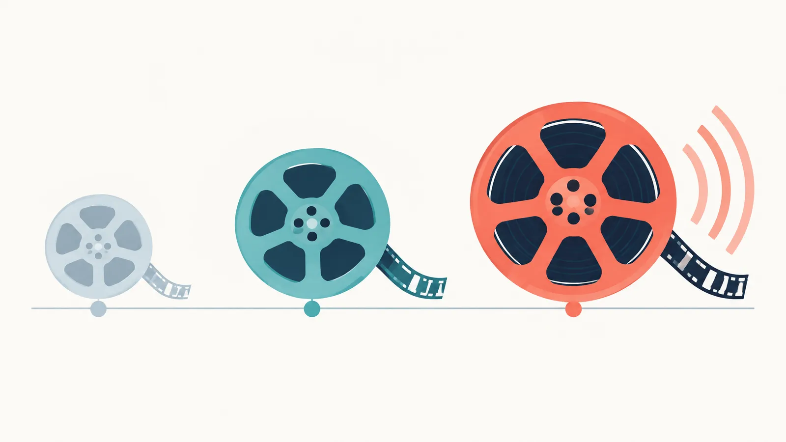 A timeline of three glowing film reels, each larger and sharper than the last
