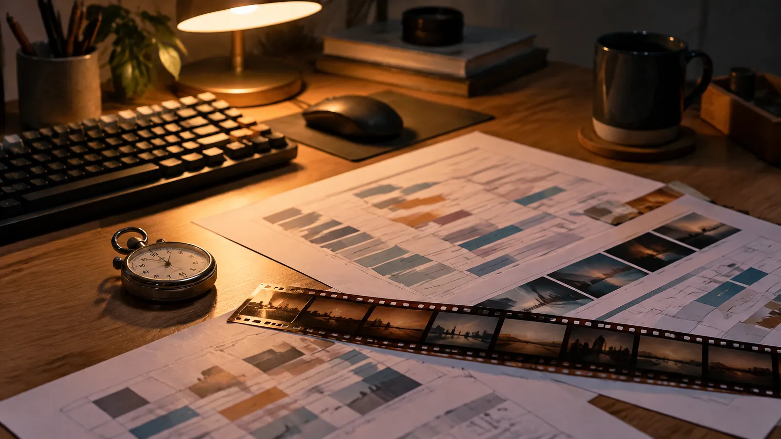 A developer's desk with code-like abstract shapes on paper and a stopwatch, showing per-second billing