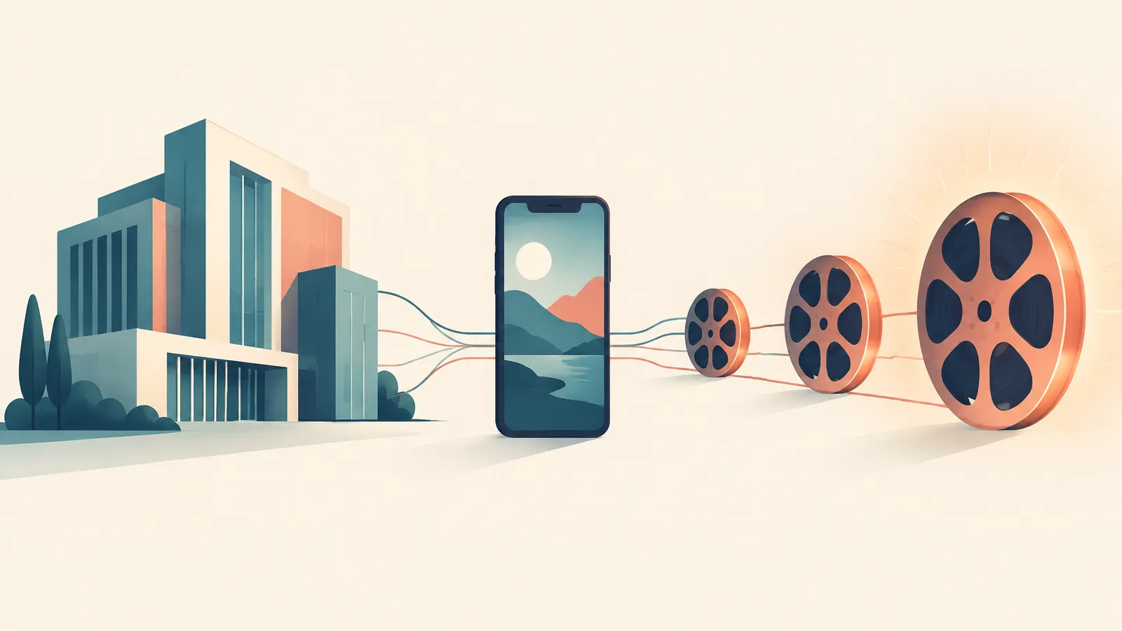 Diagram-style illustration of one company linked to an app and a family of video models