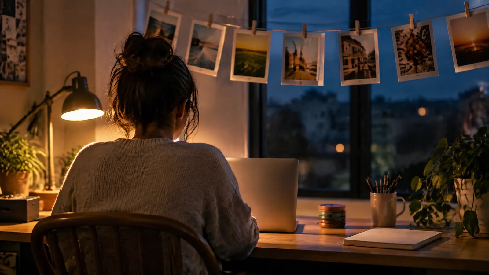 A creator at a desk weighing a small stack of tokens against a row of short video clips