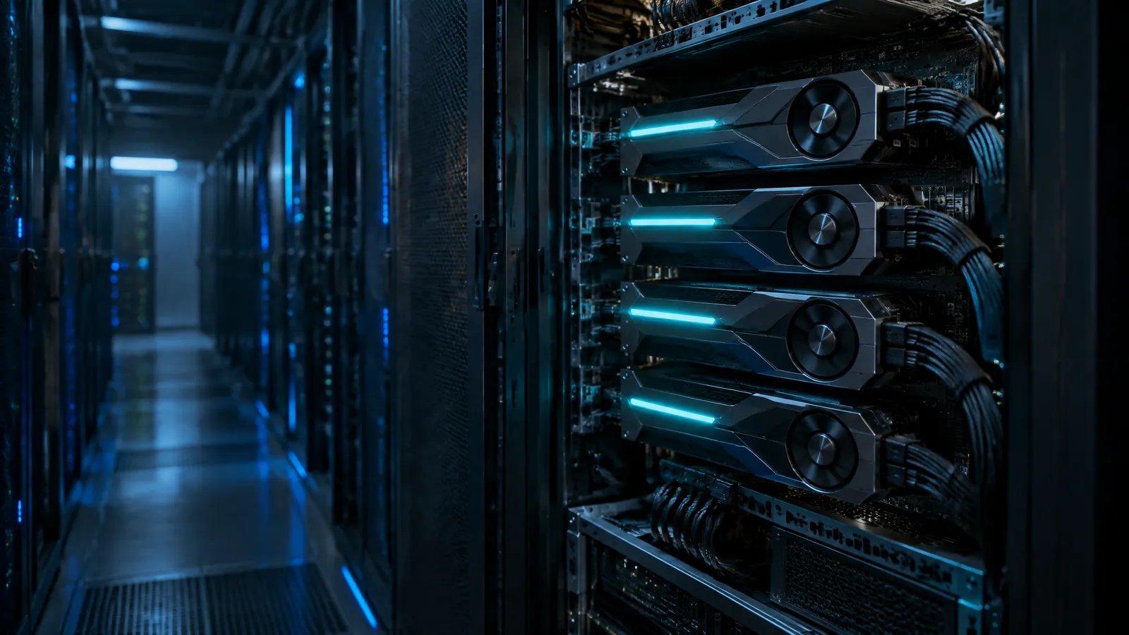A server rack with four glowing graphics cards in a quiet data center