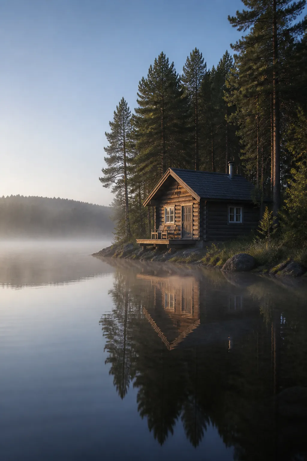 Wooden cabin on a lake shore at dawn, pine trees behind it and mist on still water