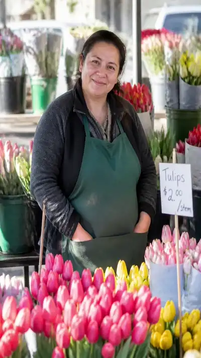 The same woman lifting a bunch of pink tulips toward the camera with a smile