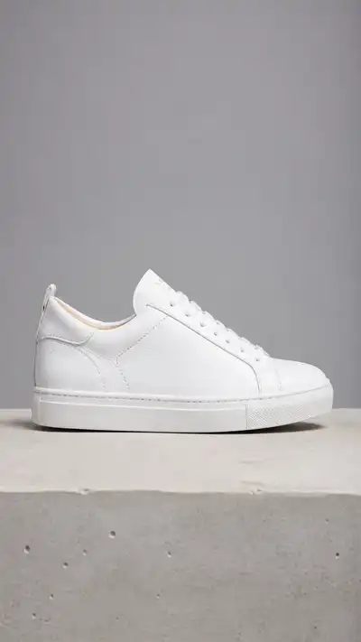 The same white sneaker as the camera orbits from a side view toward a three-quarter view