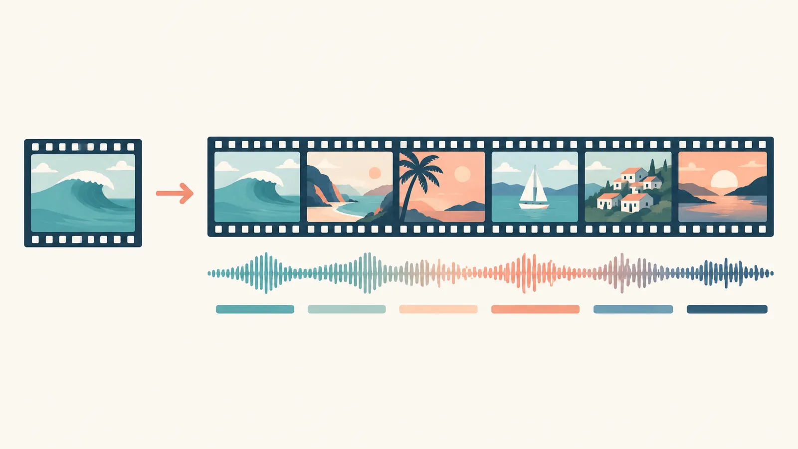 One single film frame on the left compared with a long strip of connected scenes, a sound wave and caption bars on the right