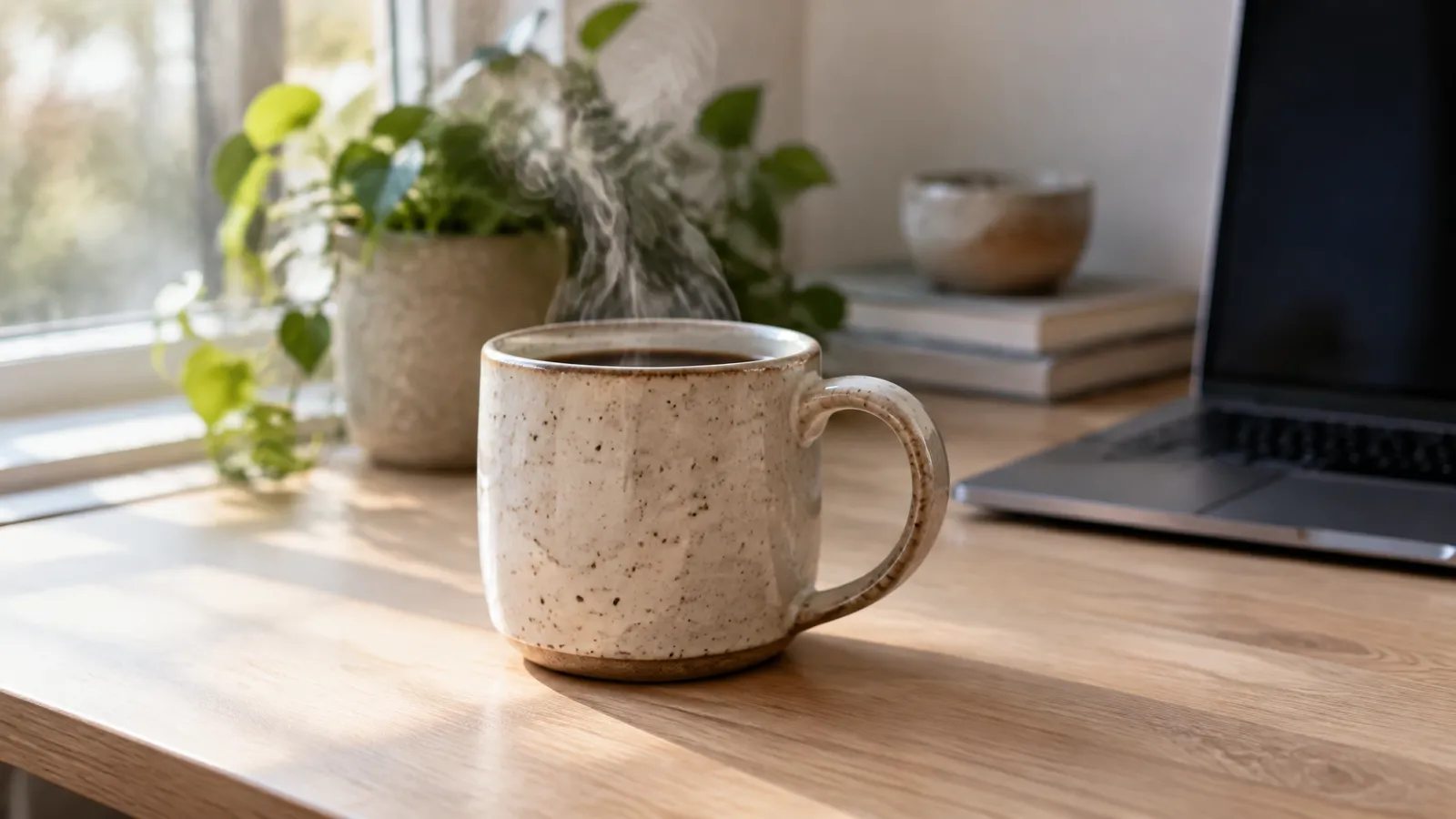 A handmade speckled cream stoneware mug with rising steam on a wooden home desk in morning window light