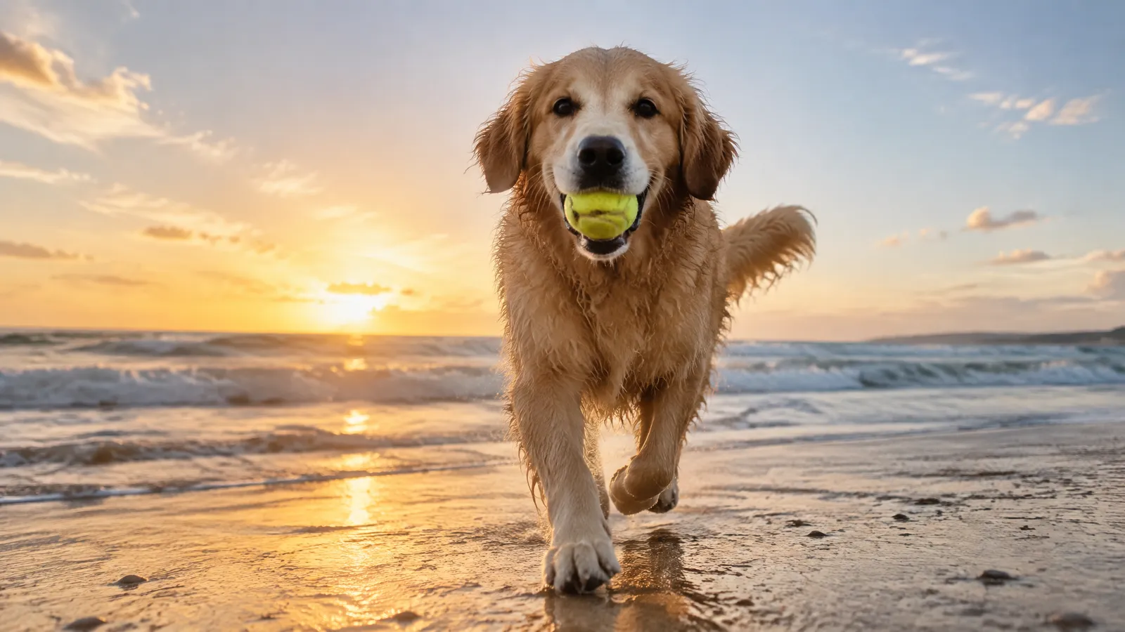 A golden retriever running along wet sand toward the camera with a tennis ball in its mouth at sunset