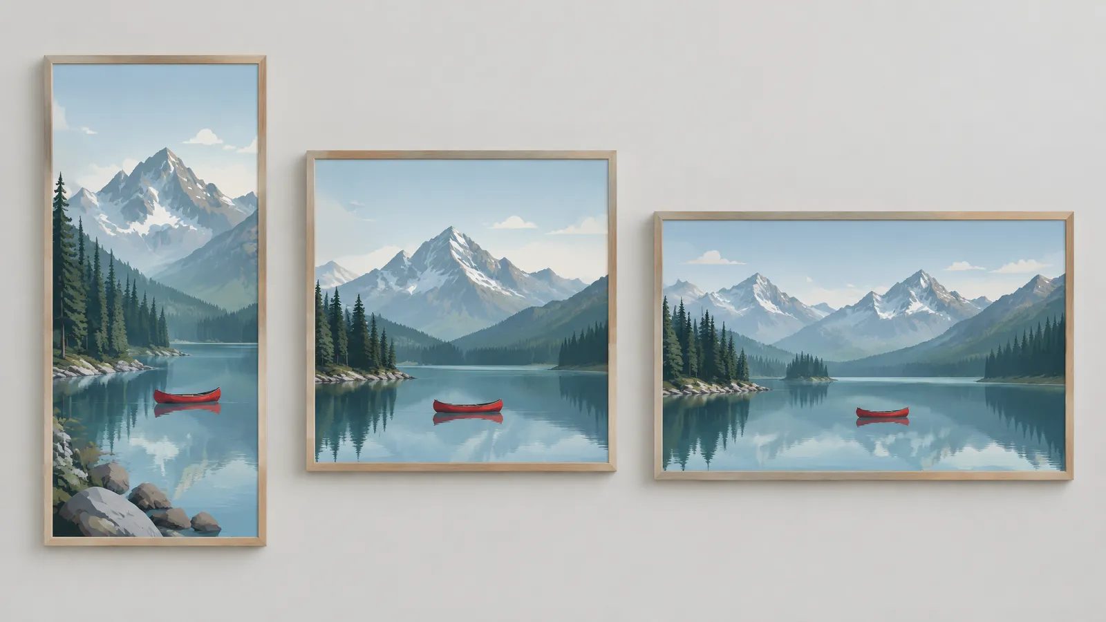 Three picture frames side by side in vertical, square and widescreen shapes showing the same mountain lake scene