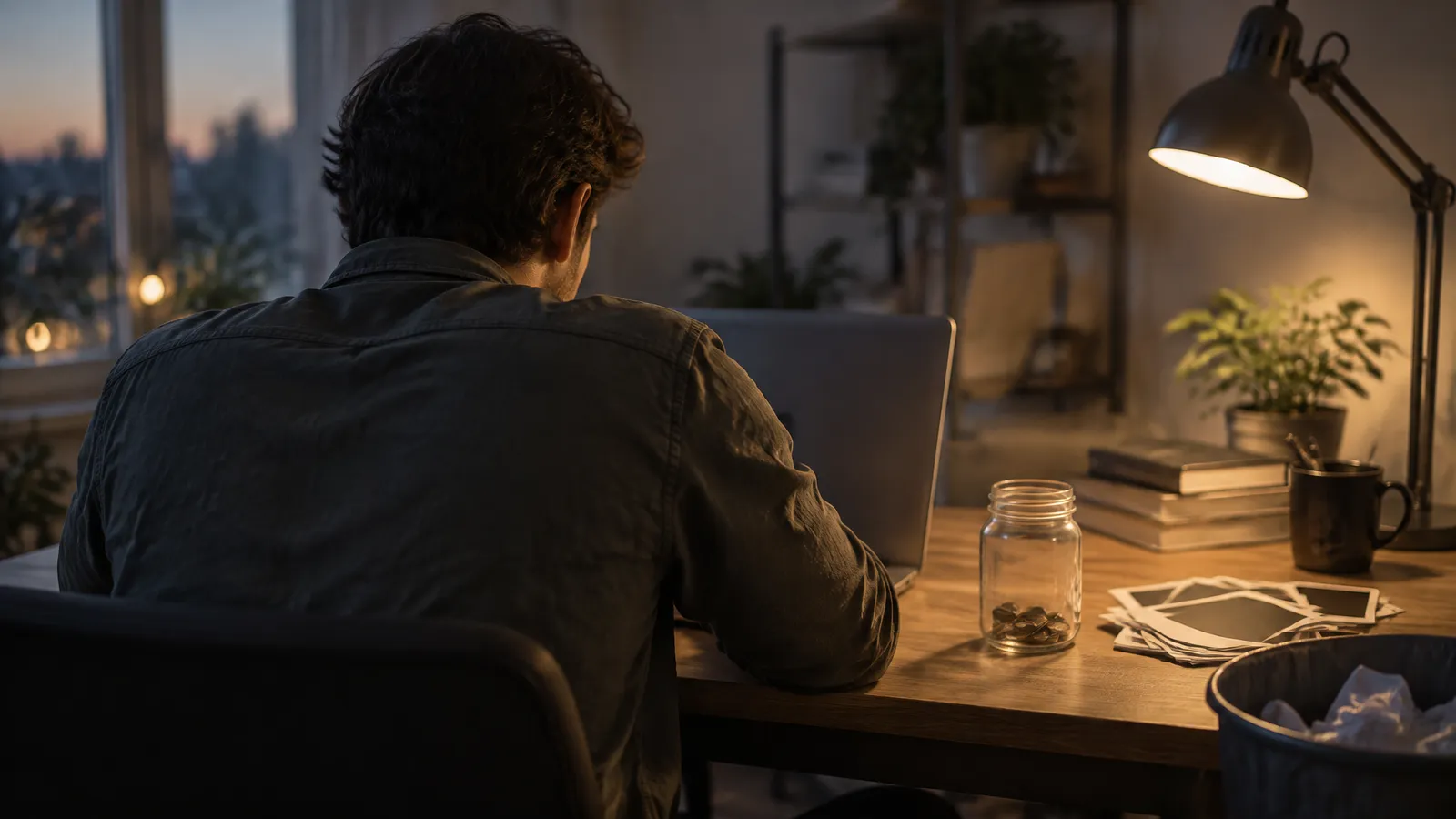 A creator at a laptop watching a jar of coins run low beside a stack of unfinished video frames