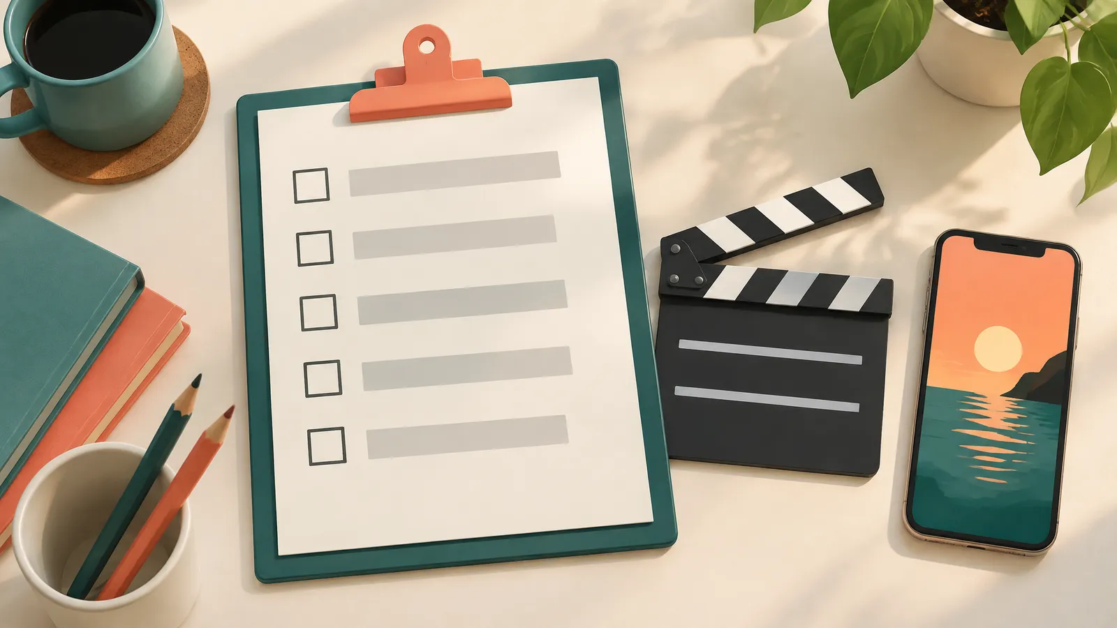 A clipboard checklist next to a film clapperboard and a smartphone on a desk