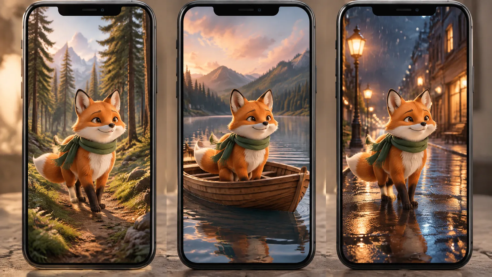 Three vertical phone screens showing the same cartoon fox in a forest, on a boat and in a city
