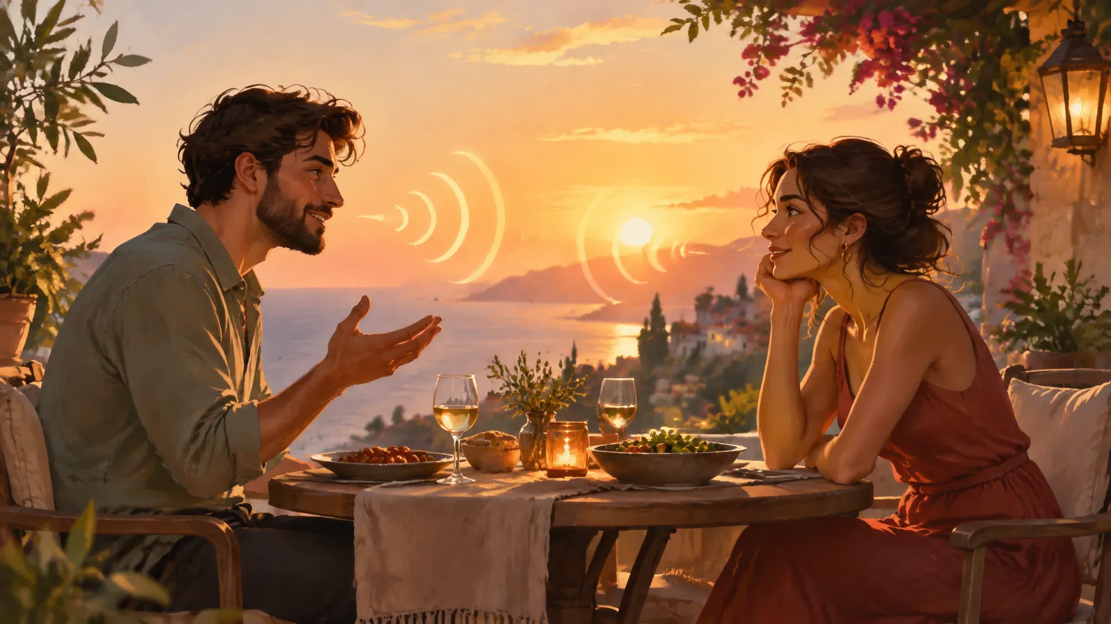 Two animated characters talking at a dinner table, a scene with dialogue and sound