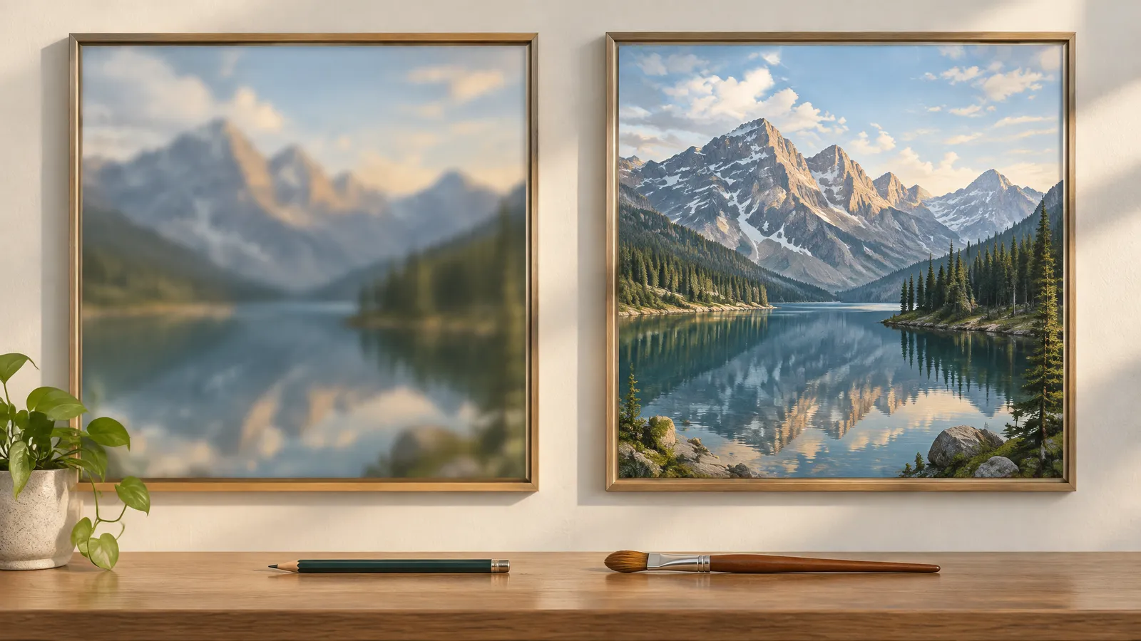 A rough low-resolution draft frame next to a sharp final frame of the same scene