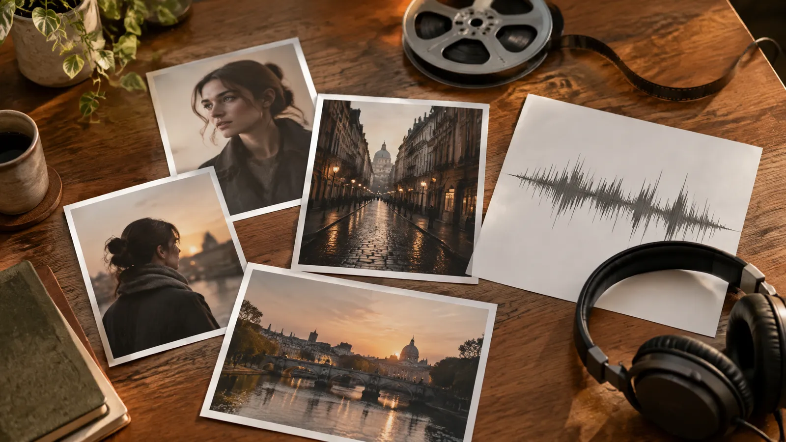 Reference photos, a short video clip and an audio waveform gathered on a desk to guide a video