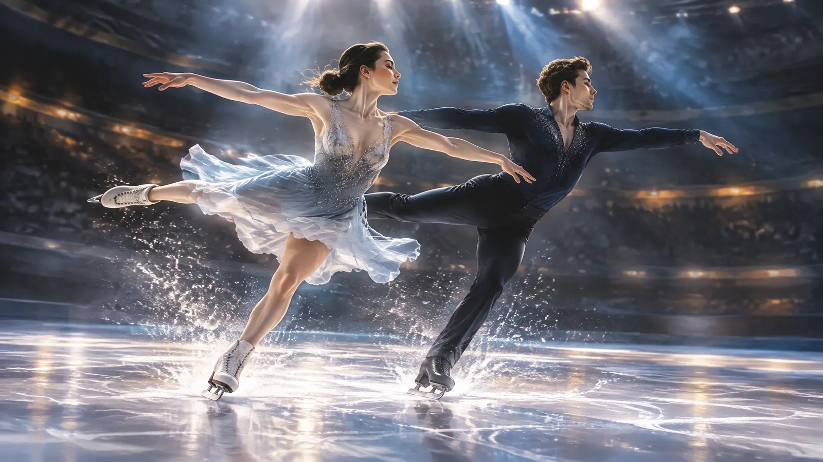 Two figure skaters mid-spin on ice, an example of complex motion