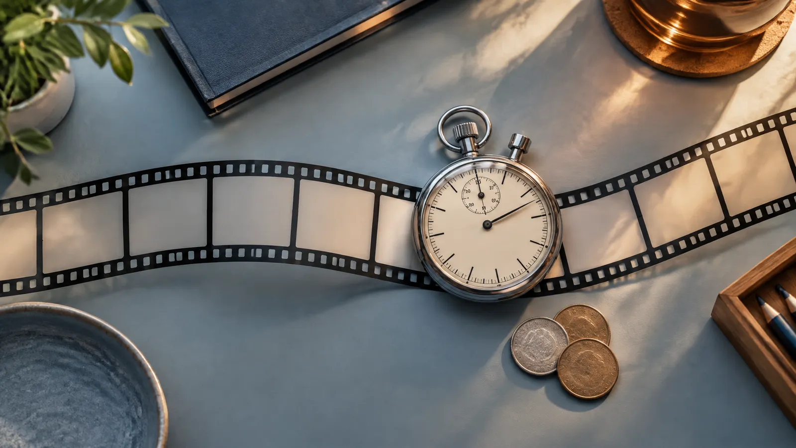 A stopwatch resting on a strip of film frames, showing that video is billed by the second