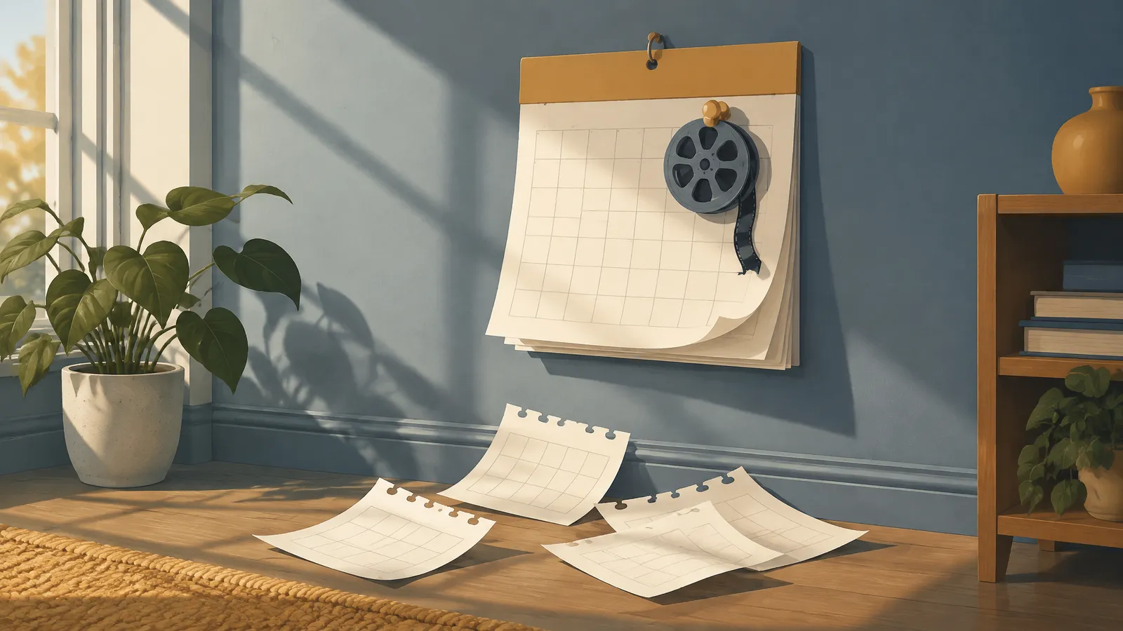 A wall calendar with a film reel pinned to one page and the following pages torn away