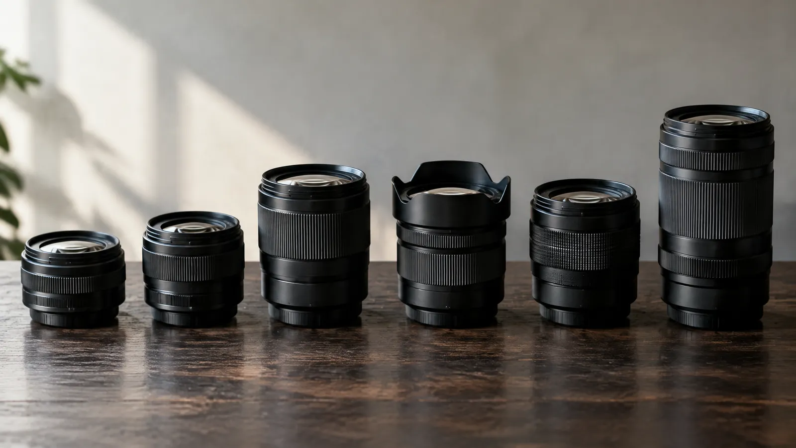 Several different camera lenses lined up on a table, suggesting a choice between video models