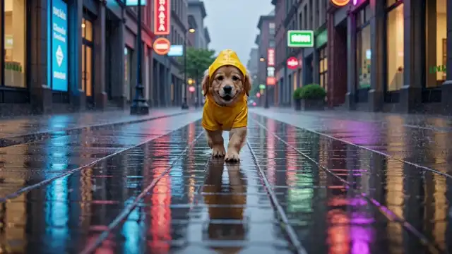 Grok Imagine: the puppy runs toward the camera down the middle of a long, symmetrical, brightly lit wet street