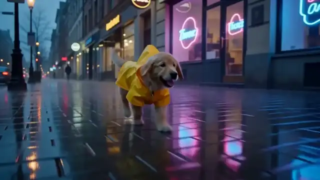 MiniMax H3 Max Turbo: on a darker, moody street, the puppy leaps through the rain past neon shop windows