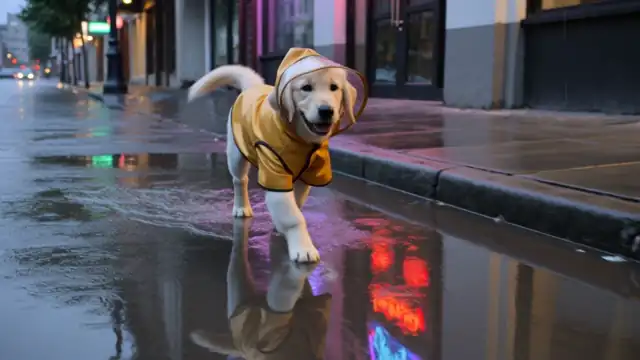 Kling 3.0: the puppy in a yellow raincoat trots along a dim, natural-looking city sidewalk at dusk with soft neon reflections